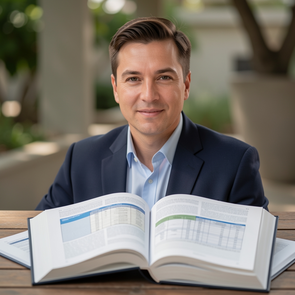 Nahaufnahme aufgeschlagener wissenschaftlicher Fachbücher auf einem Holztisch, strukturierte Seiten mit Tabellen und Texten, sachliches Tageslicht von der Seite, keine Personen