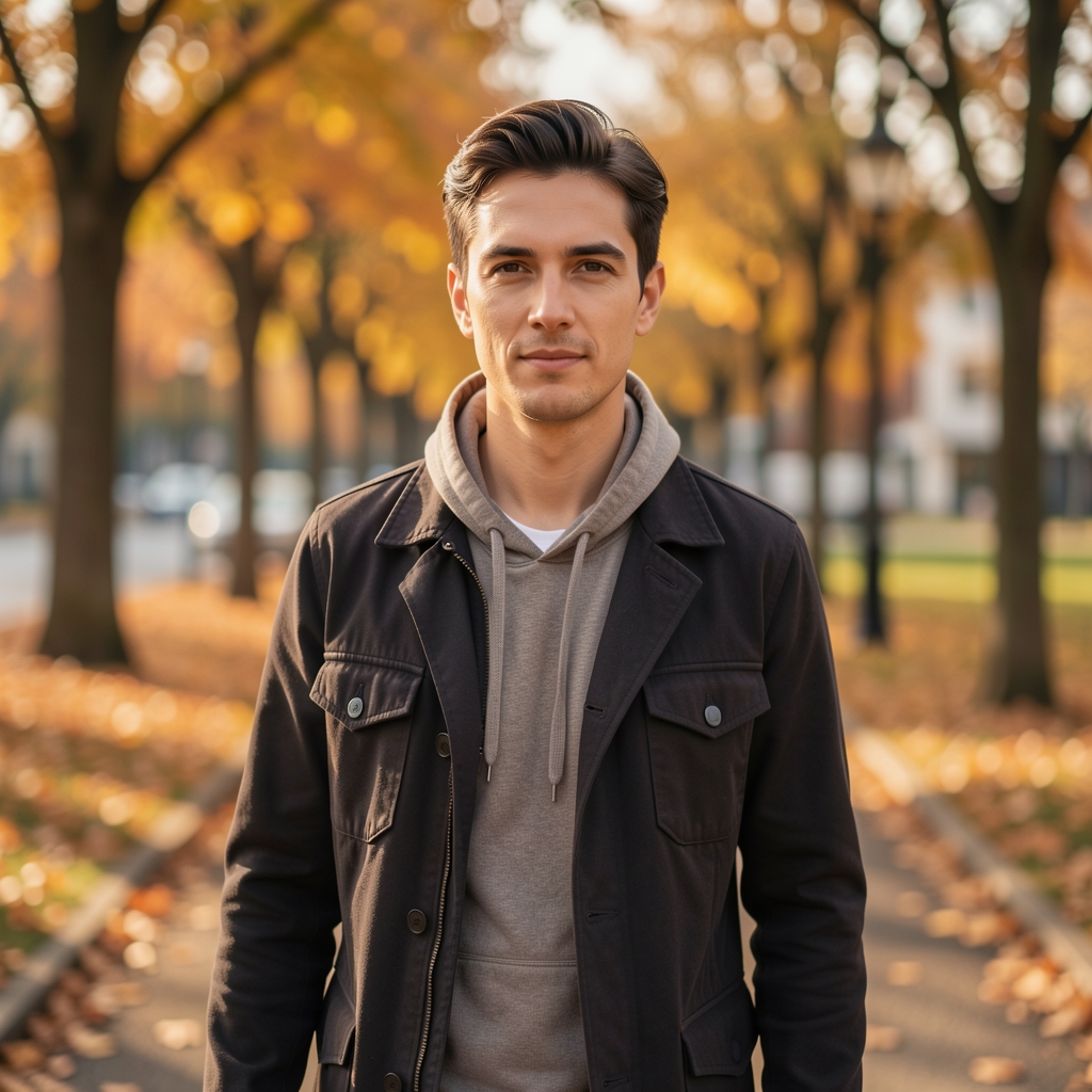 Person beim ruhigen Spazierengehen in einem Stadtpark, Herbstlicht, natürliche Bewegungsaufnahme aus mittlerer Distanz ohne inszenierte Pose