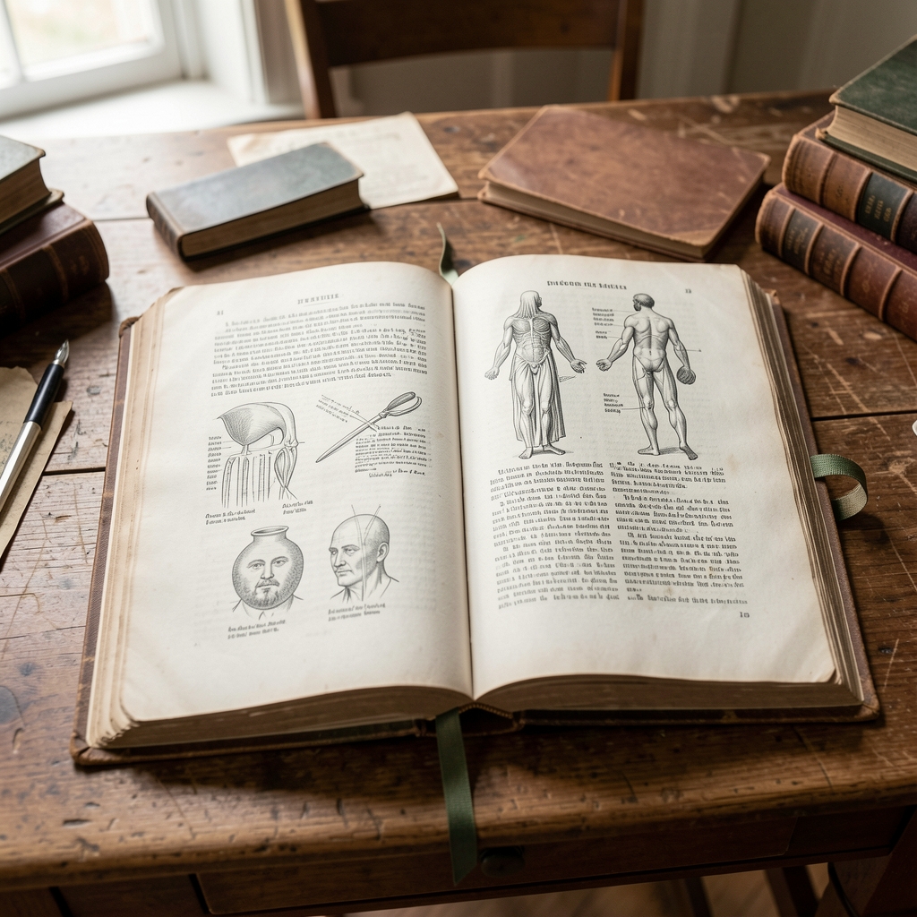 Altes Ernährungslehrbuch aus dem 19. Jahrhundert aufgeschlagen auf einer Seite mit anatomischen Zeichnungen und Text, sachliche Nahaufnahme auf Archivtisch