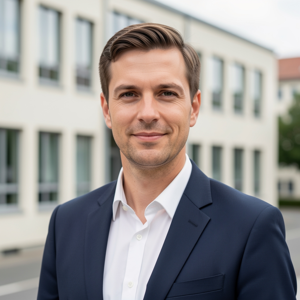 Außenansicht eines ruhigen Münchner Bürogebäudes mit heller Fassade und großen Fenstern, sachliches Tageslicht, keine Personen im Vordergrund