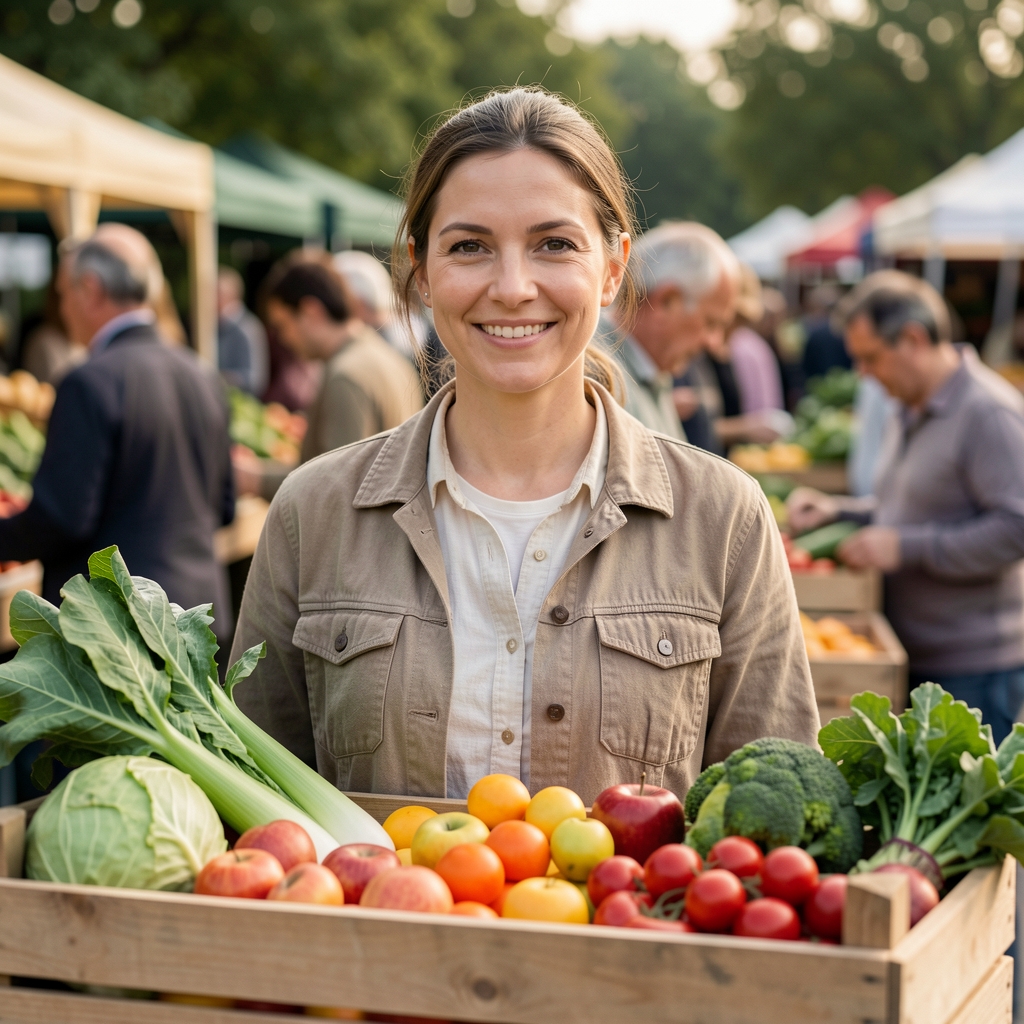 Lokaler Wochenmarkt mit saisonalem Gemüse und Obst in Holzkisten, Menschen beim ruhigen Einkauf im Freien, dokumentarische Außenfotografie in natürlichem Tageslicht