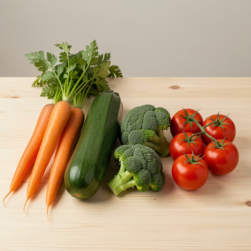 Frische Gemüsesorten auf einem hellen Holztisch – Karotten, Zucchini, Brokkoli und Tomaten in dokumentarischer Draufsicht auf neutralem Hintergrund